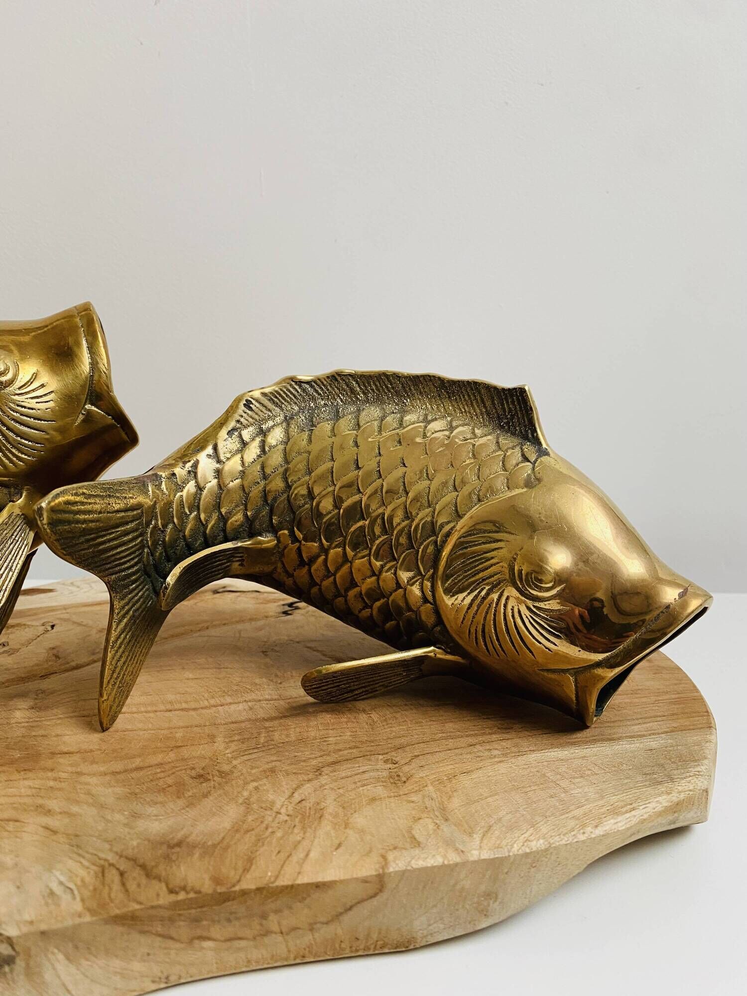 Pair of koi carp vases in brass, animal sculpture