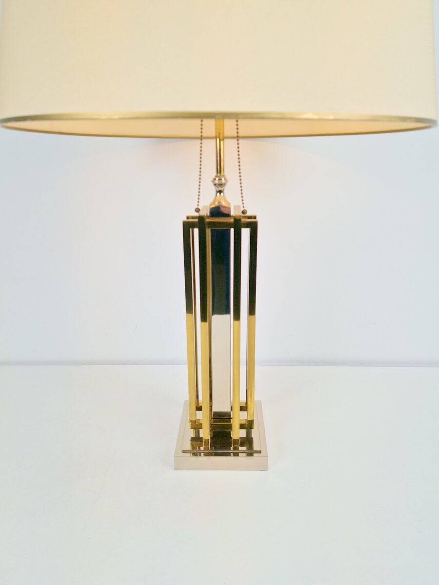 Geometric Brass and Chrome Table Lamp by Willy Daro, France, 1970