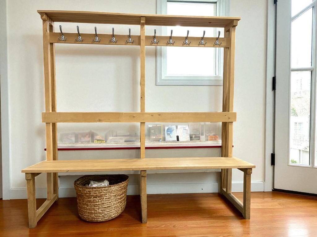 Vintage portemanteau XL en bois avec banc