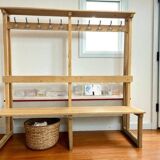 Vintage portemanteau XL en bois avec banc