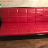 Vintage convertible sofa, red and black skai