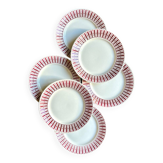 6 assiettes plates en faïence rose et blanche