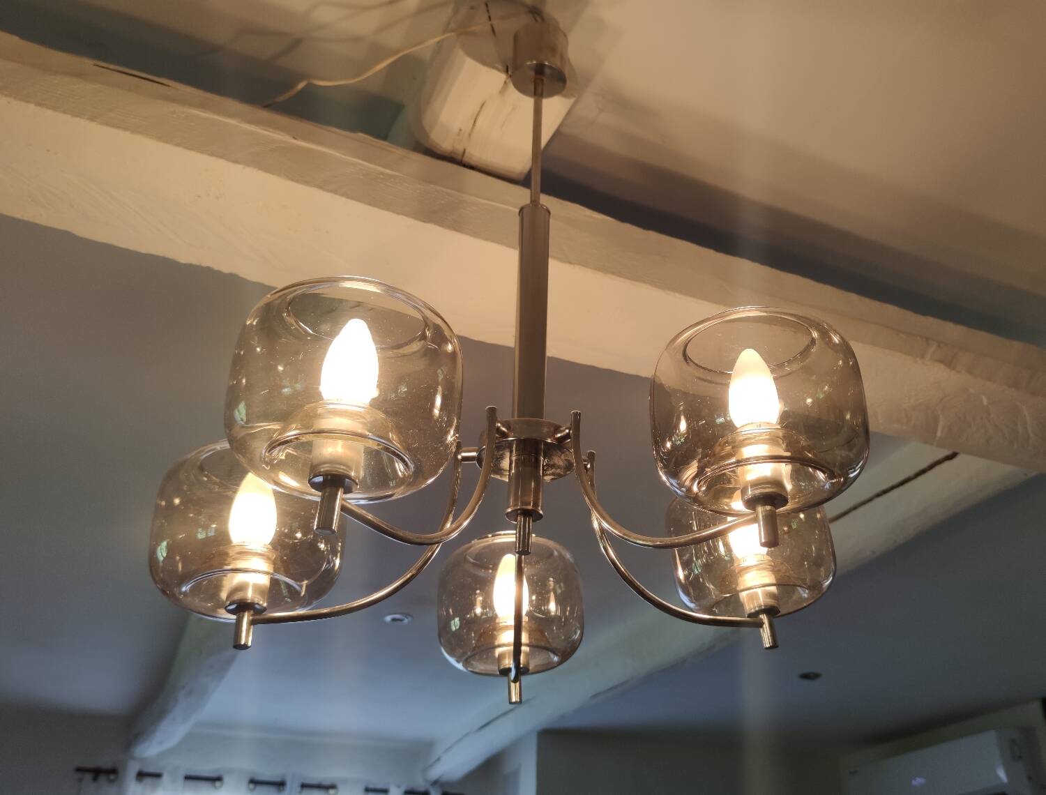 70s chandelier, smoked glass globes, 5 lights