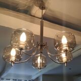 Lustre années 70, globes en verre fumé, 5 feux