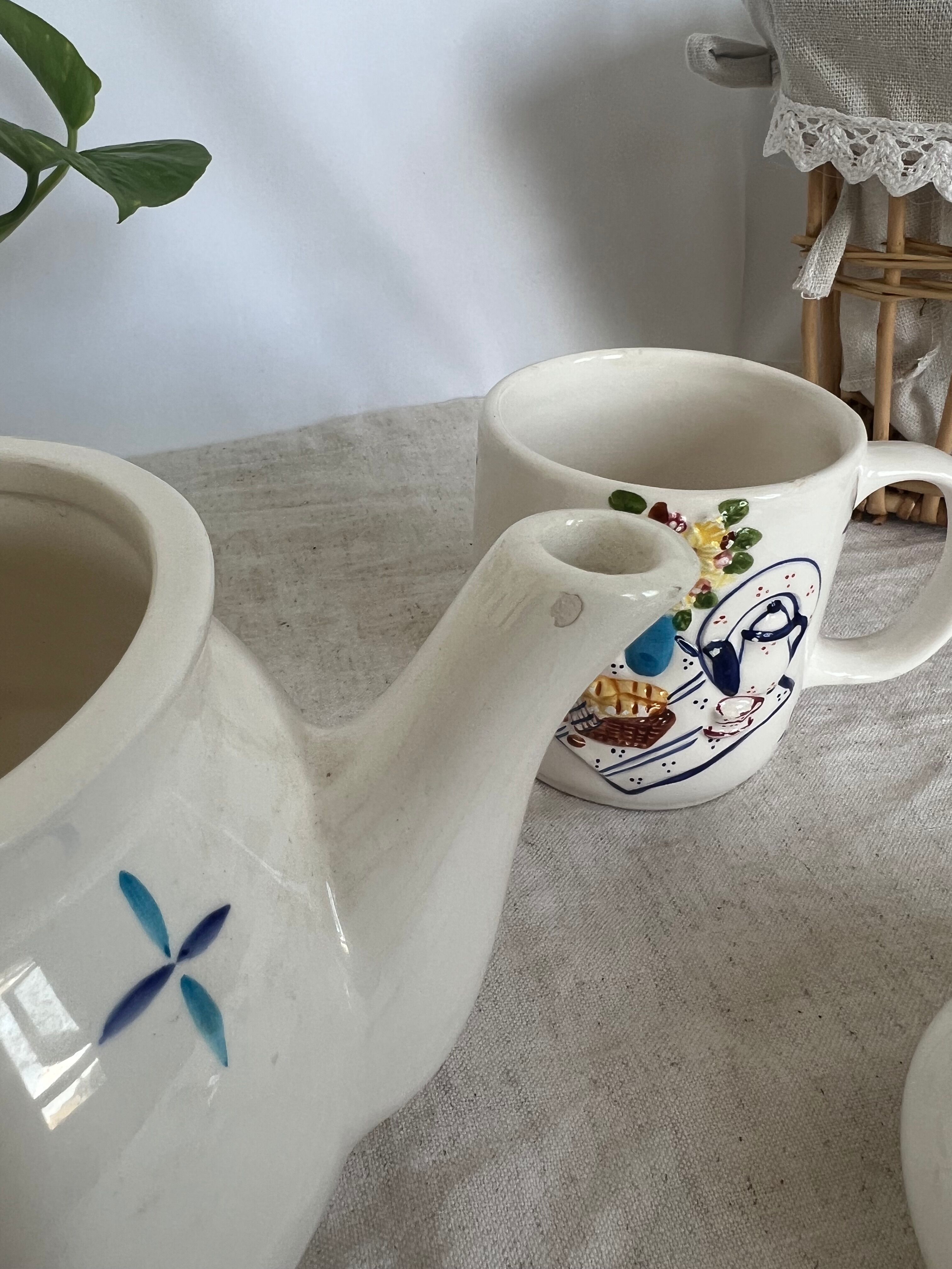 Teapot/coffee maker set with mug slip pattern breakfast hand-painted pieces