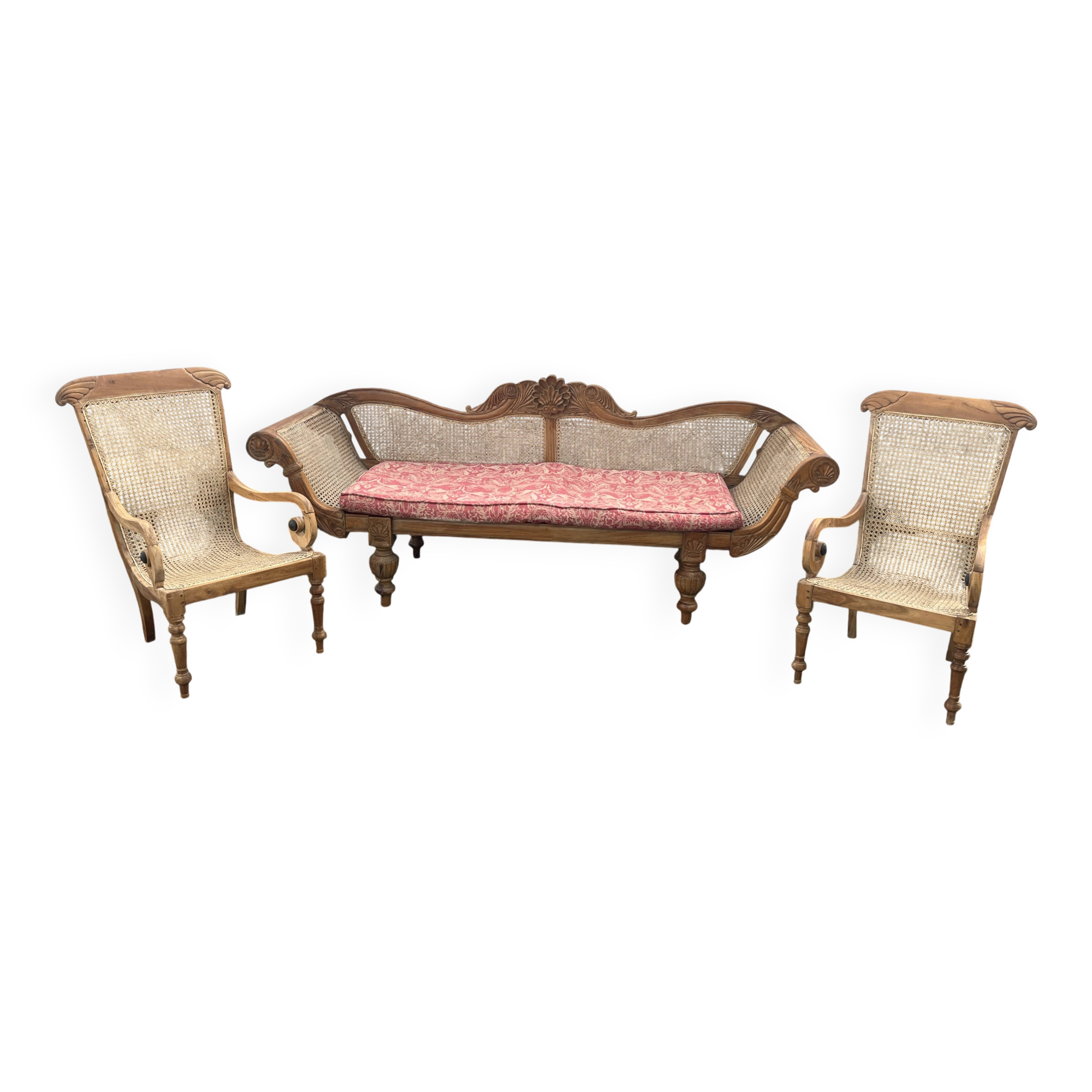 Colonial teak lounge: 3-seater sofa and 2 planter chairs.