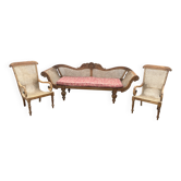 Salon colonial en teck cannelé : canapé 3 places et 2 fauteuils de planteur