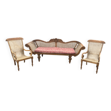 Salon colonial en teck cannelé : canapé 3 places et 2 fauteuils de planteur