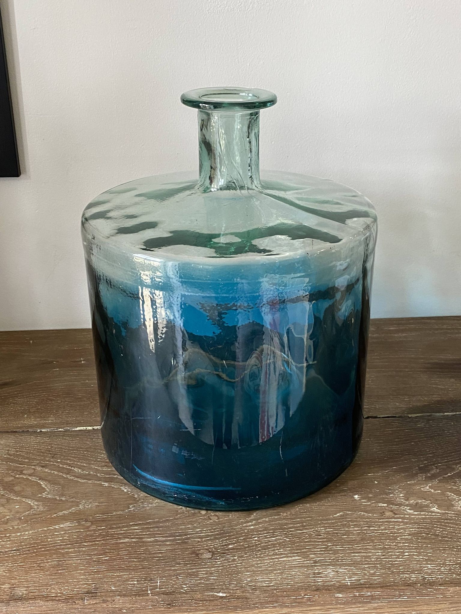 Large blue glass Dame Jeanne vase H45cm