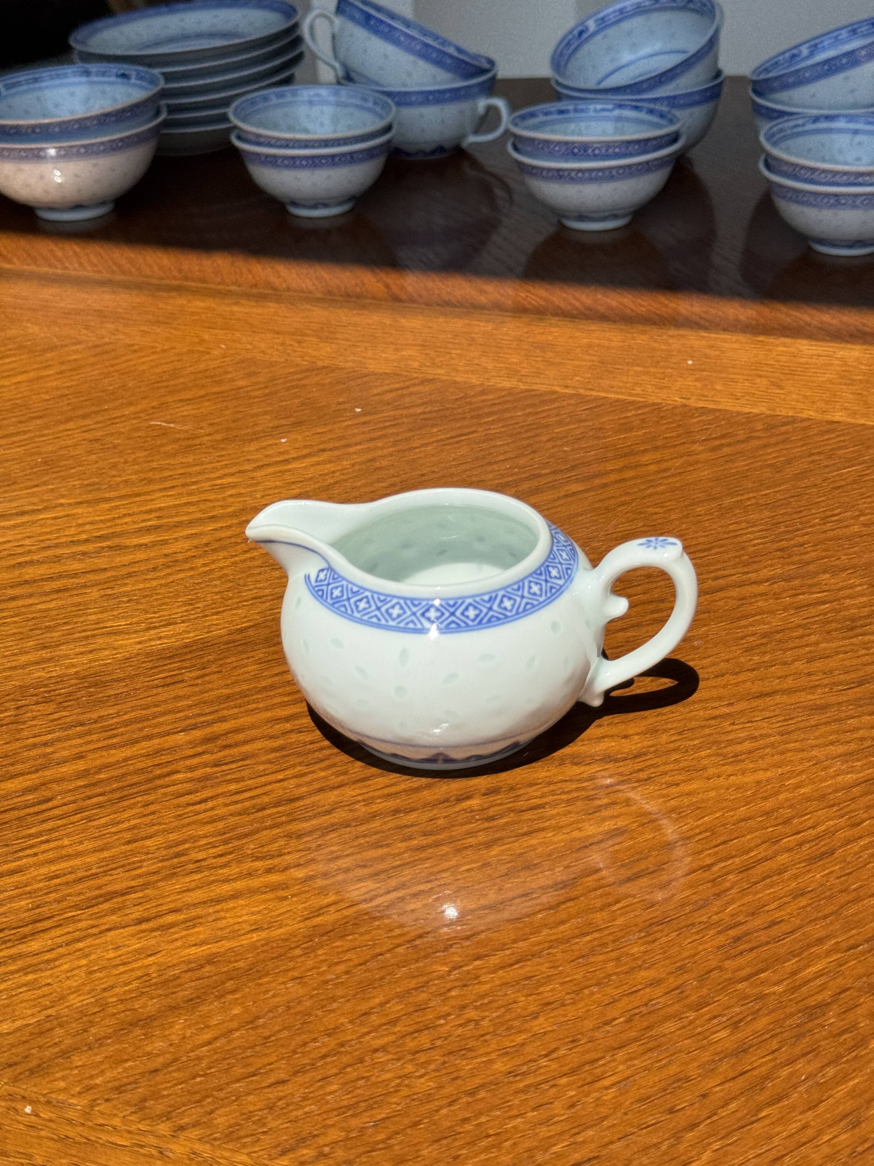 Small Chinese blue and white tea set for 6 cups and saucers.
