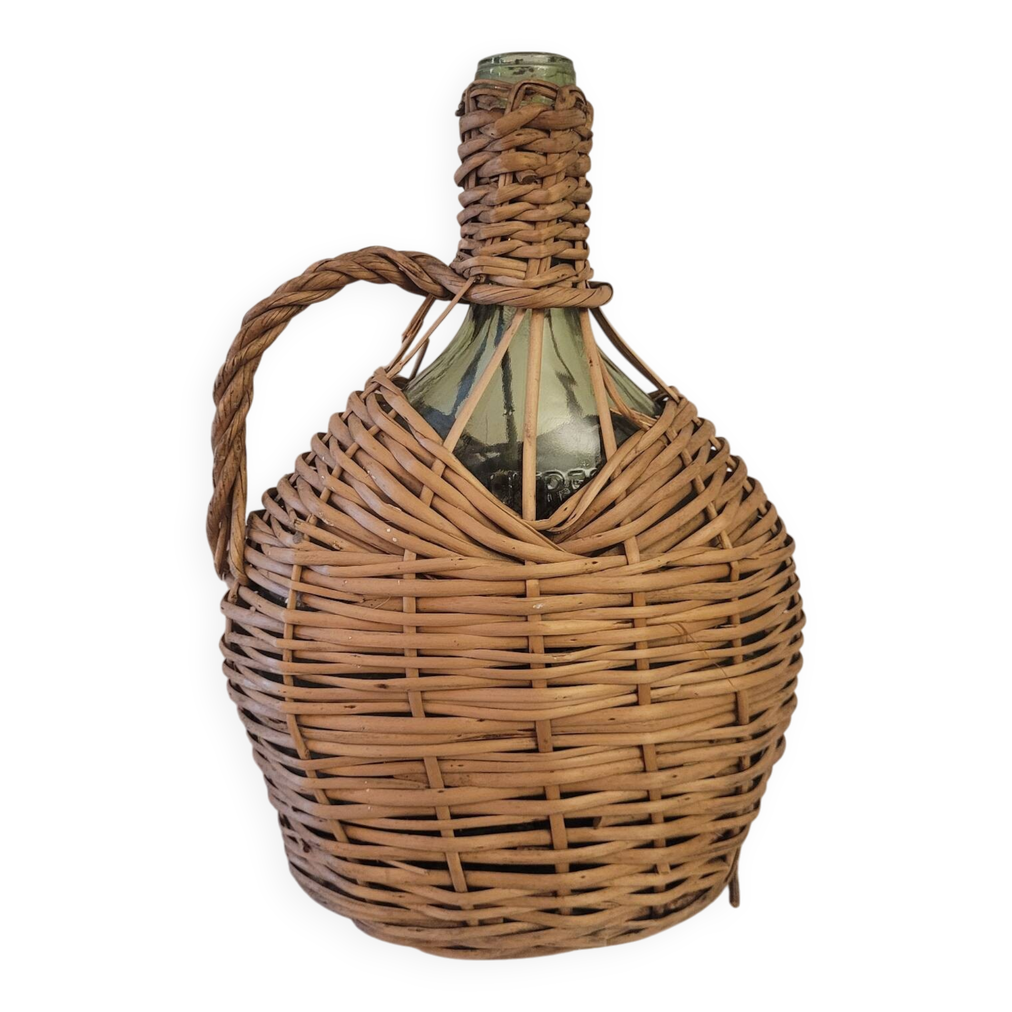 Green glass carafe with wicker covering – 2 litres – 1960s–1970s