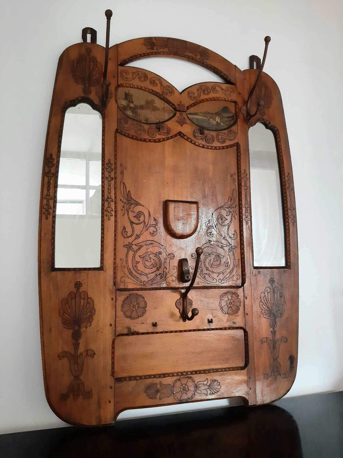 Vestiaire ancien, meuble porte-manteaux vintage, 2 miroirs, 3 patères