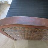 2 colonial-style armchairs in woven rattan and exotic wood