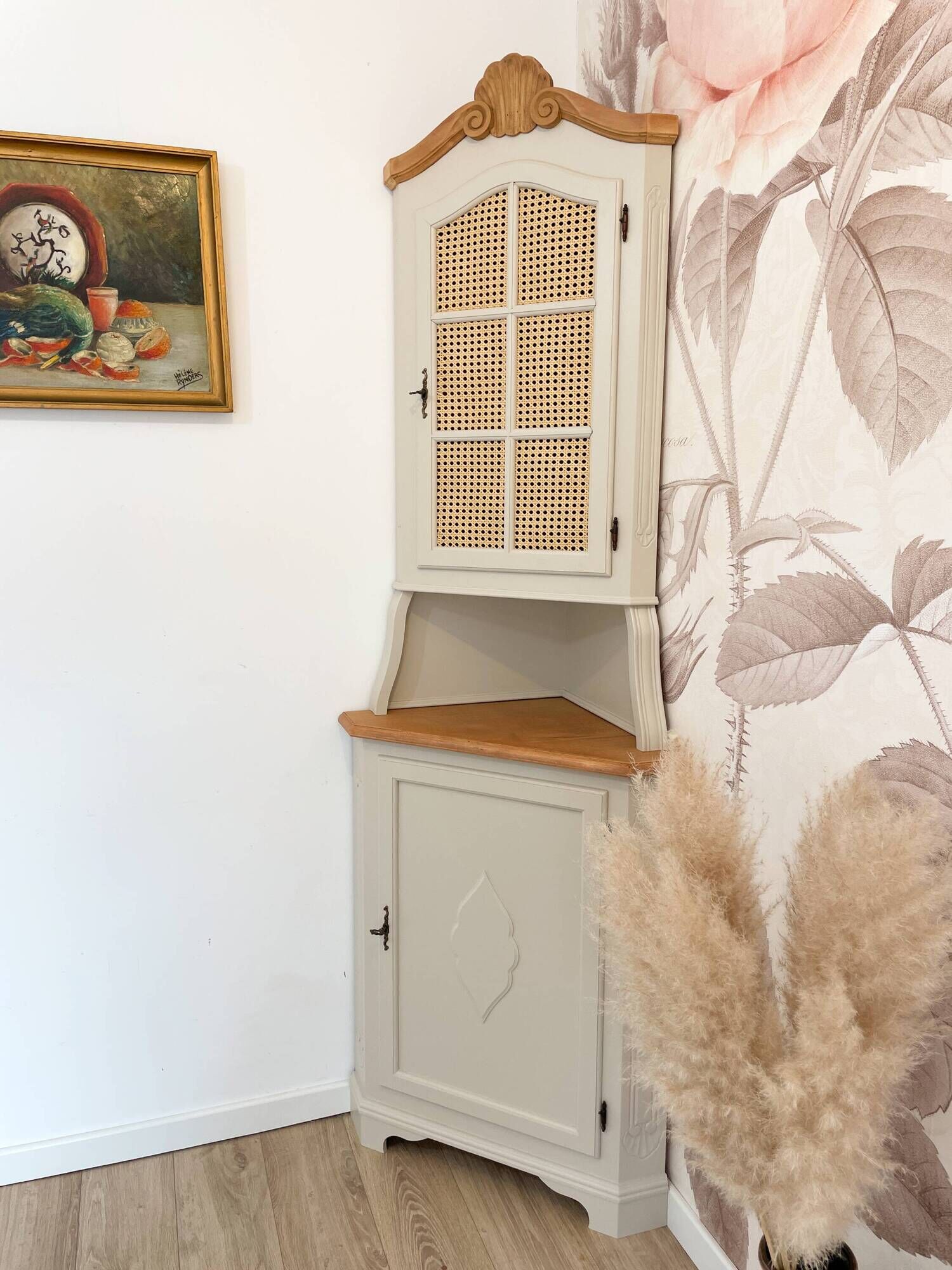 Corner unit in 2 parts, grey/beige and cane work.