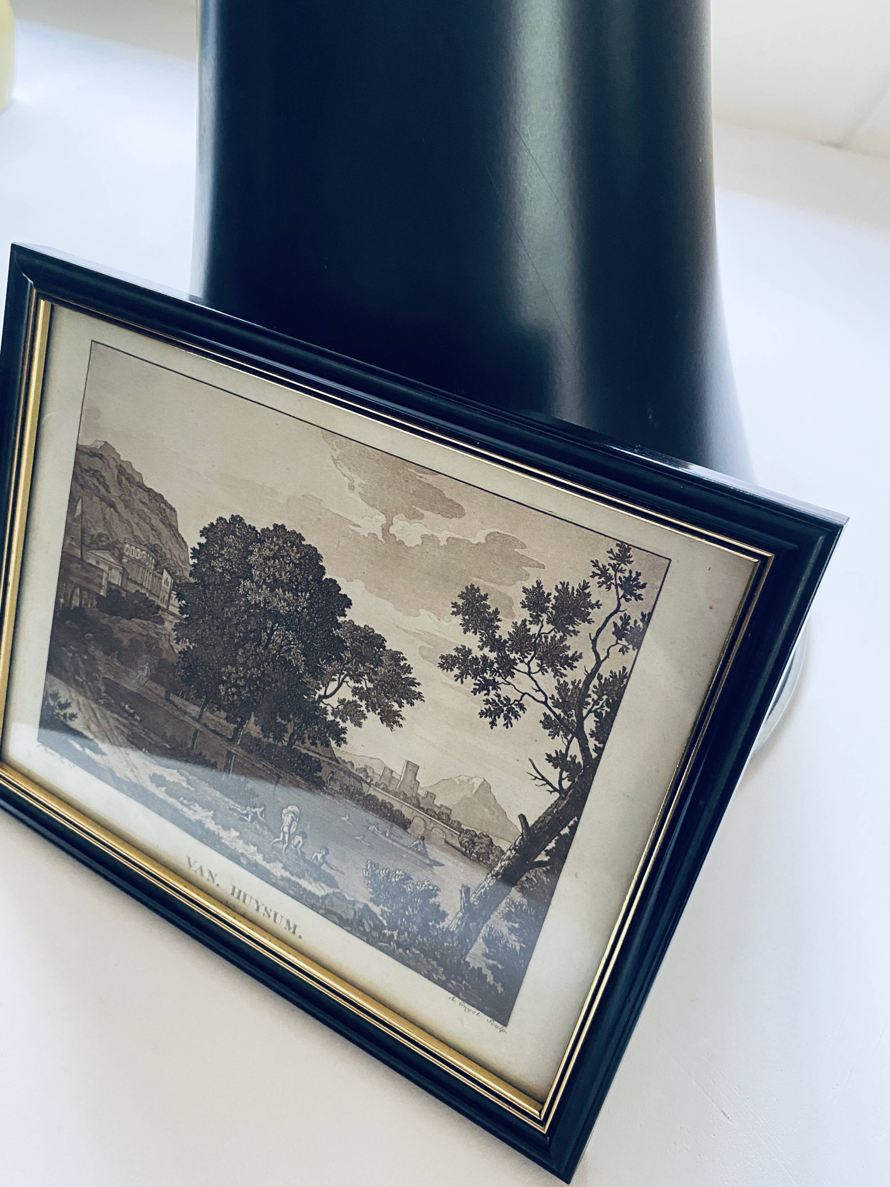 19th century engraving, landscape and naked bathers, glazed wooden frame