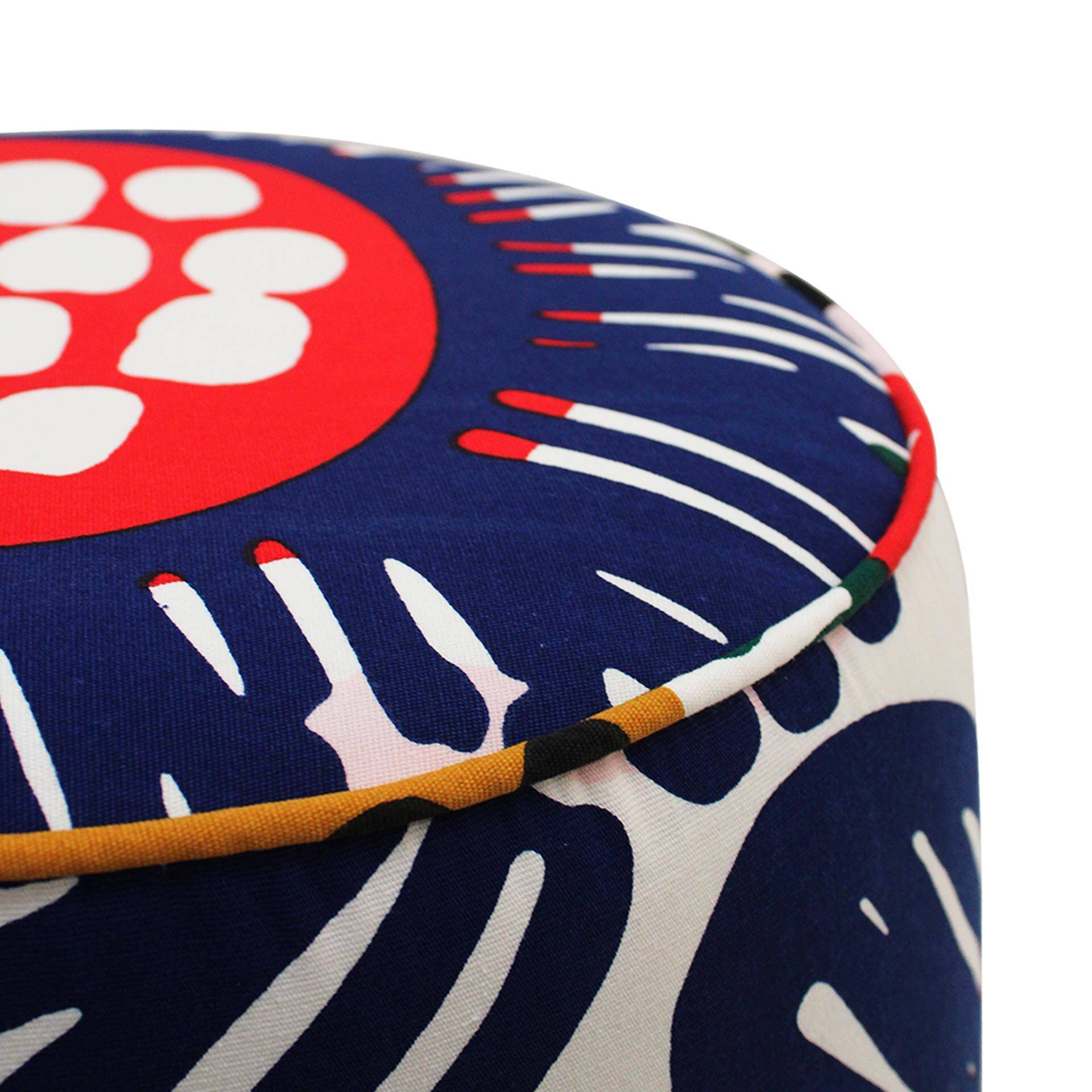 Contemporary Multicolour Floral patterned Fabric and Brass Italian Circular Pouf