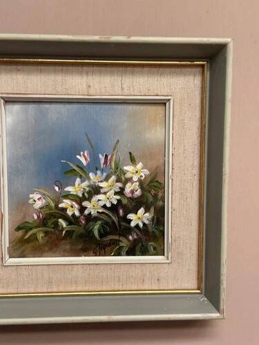 Mid-Century Oil on Panel “Flowers” by G. Sigrand, Vintage & Framed 24 × 24 cm