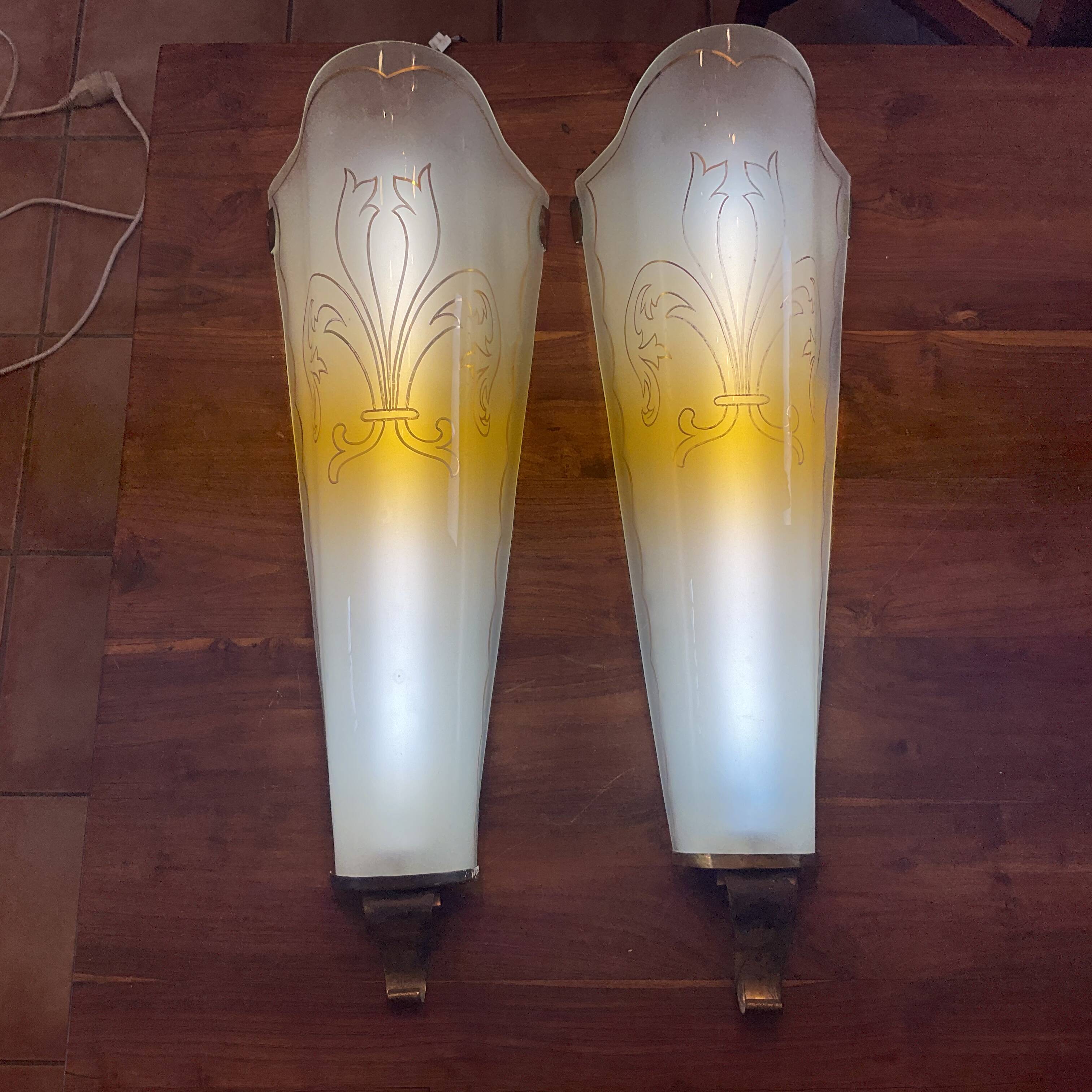 Large pair of art deco domed glass hotel lobby sconces