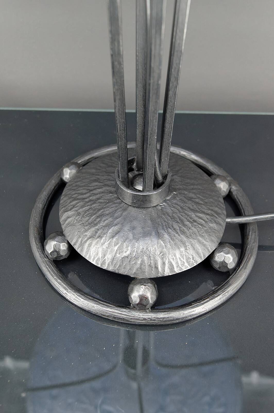 Wrought iron lamp and blue glass lampshade with clematis, France, Art Deco, circa 1920