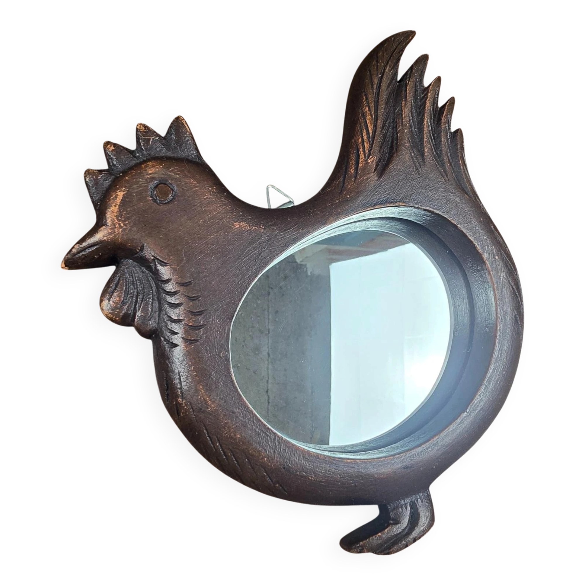 Vintage carved wooden chicken-shaped wall mirror.