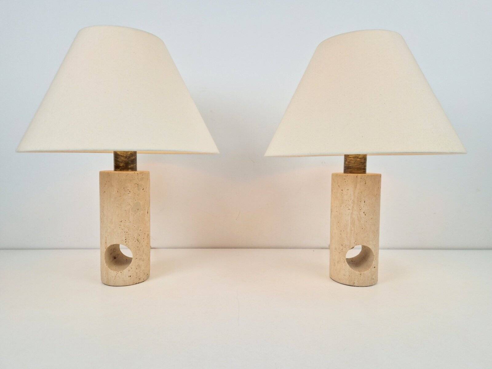 Vintage Travertine Brass Table Lamps attributed to Fratelli Mannelli, Italy, 1970s, Set of 2