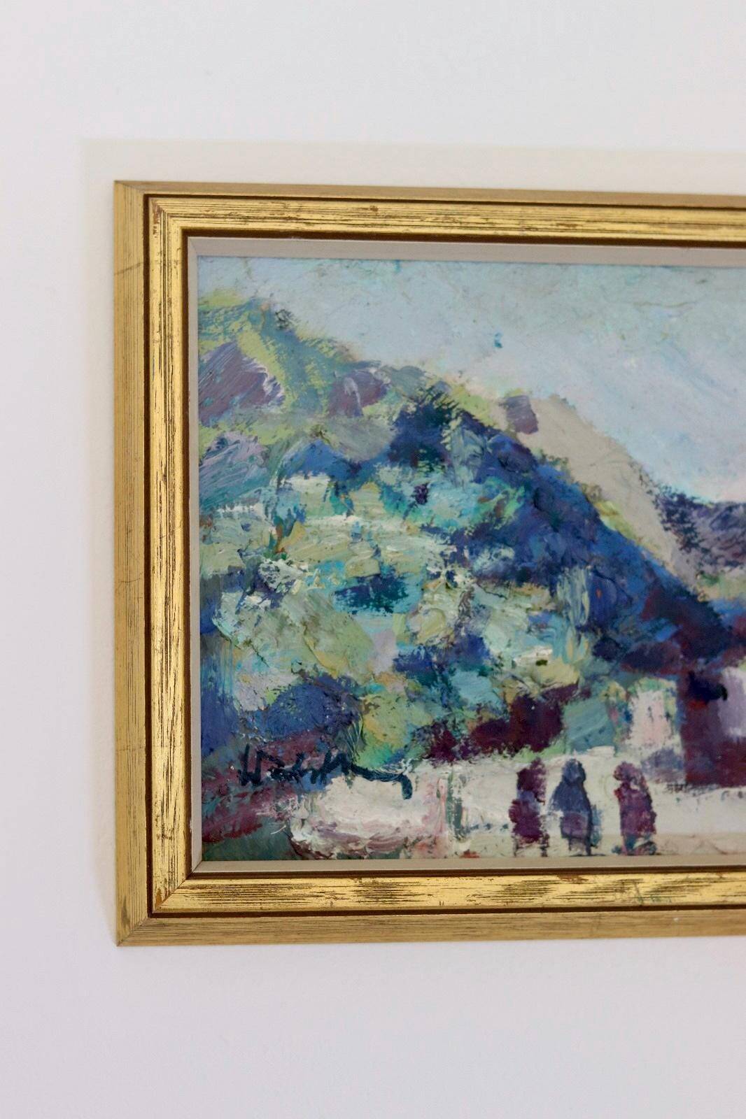 Original mid-century Swedish oil on panel "Village" by Bertil Wahlberg.