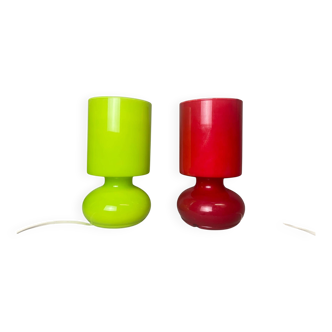 Pair glass table lamps red and green