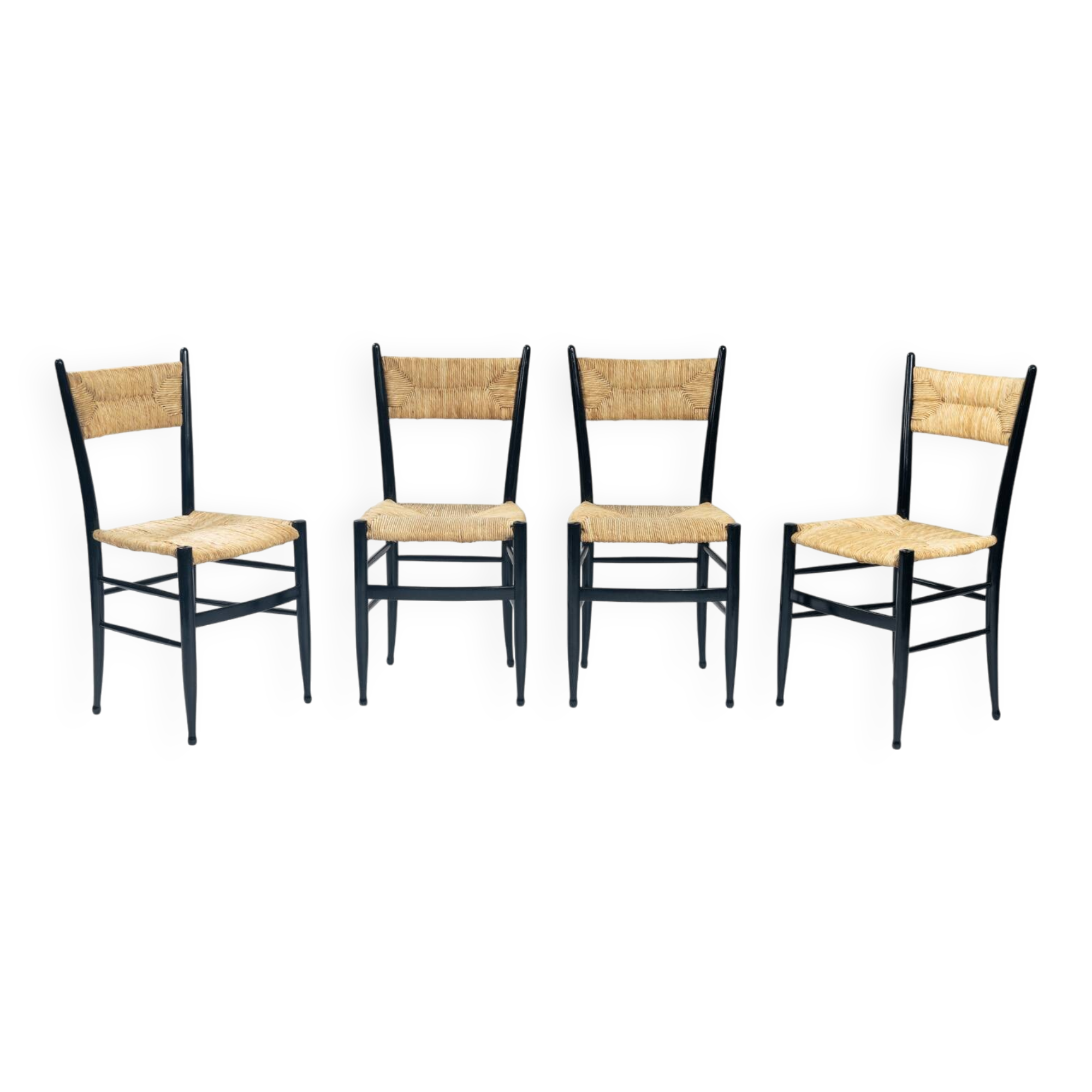 Chaises italiennes Chiavari en hêtre et paille noires, années 1950