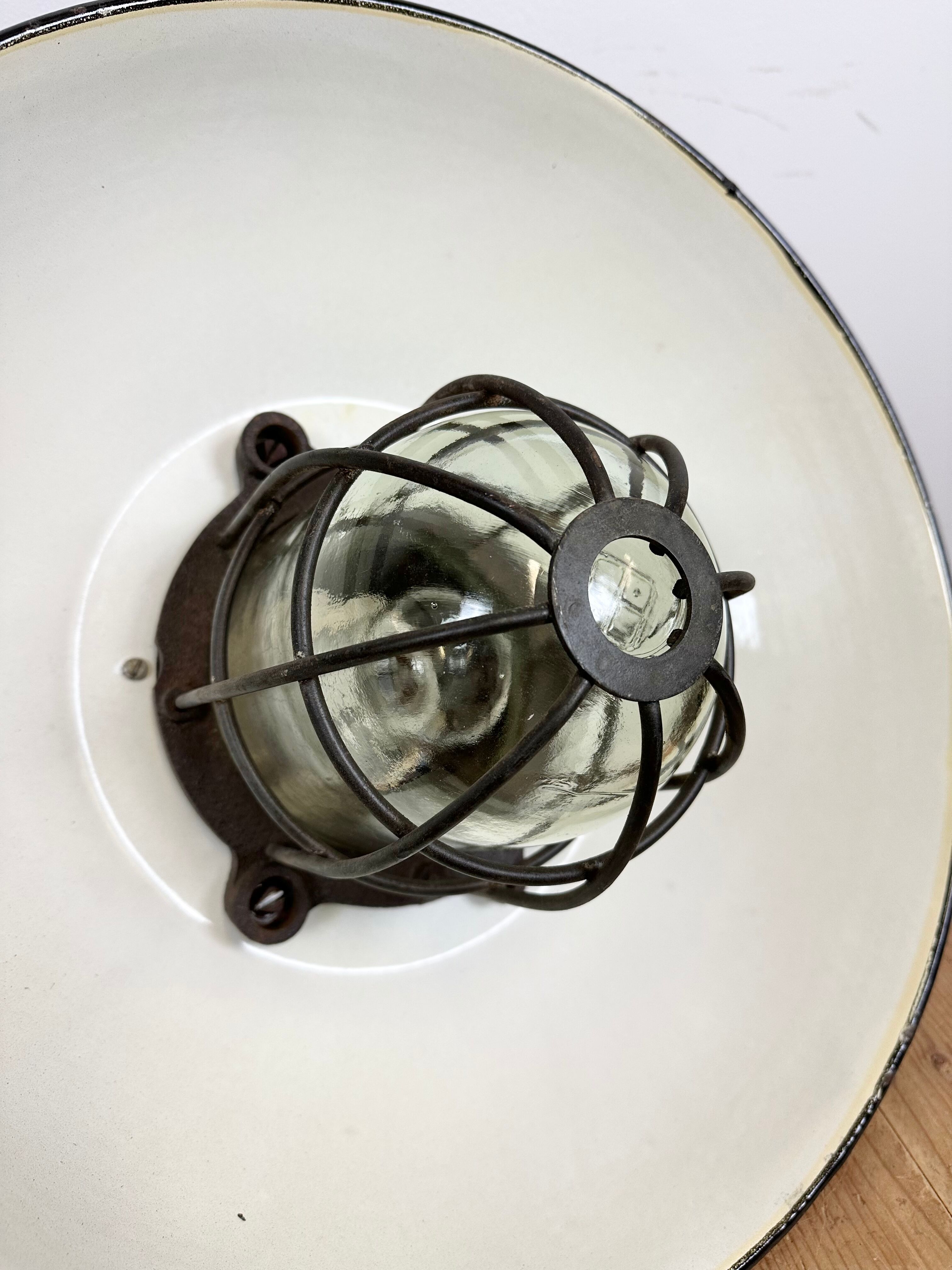 Black enamel and cast iron industrial cage pendant light, 1950s
