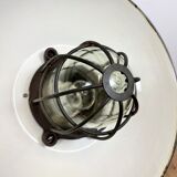 Black enamel and cast iron industrial cage pendant light, 1950s