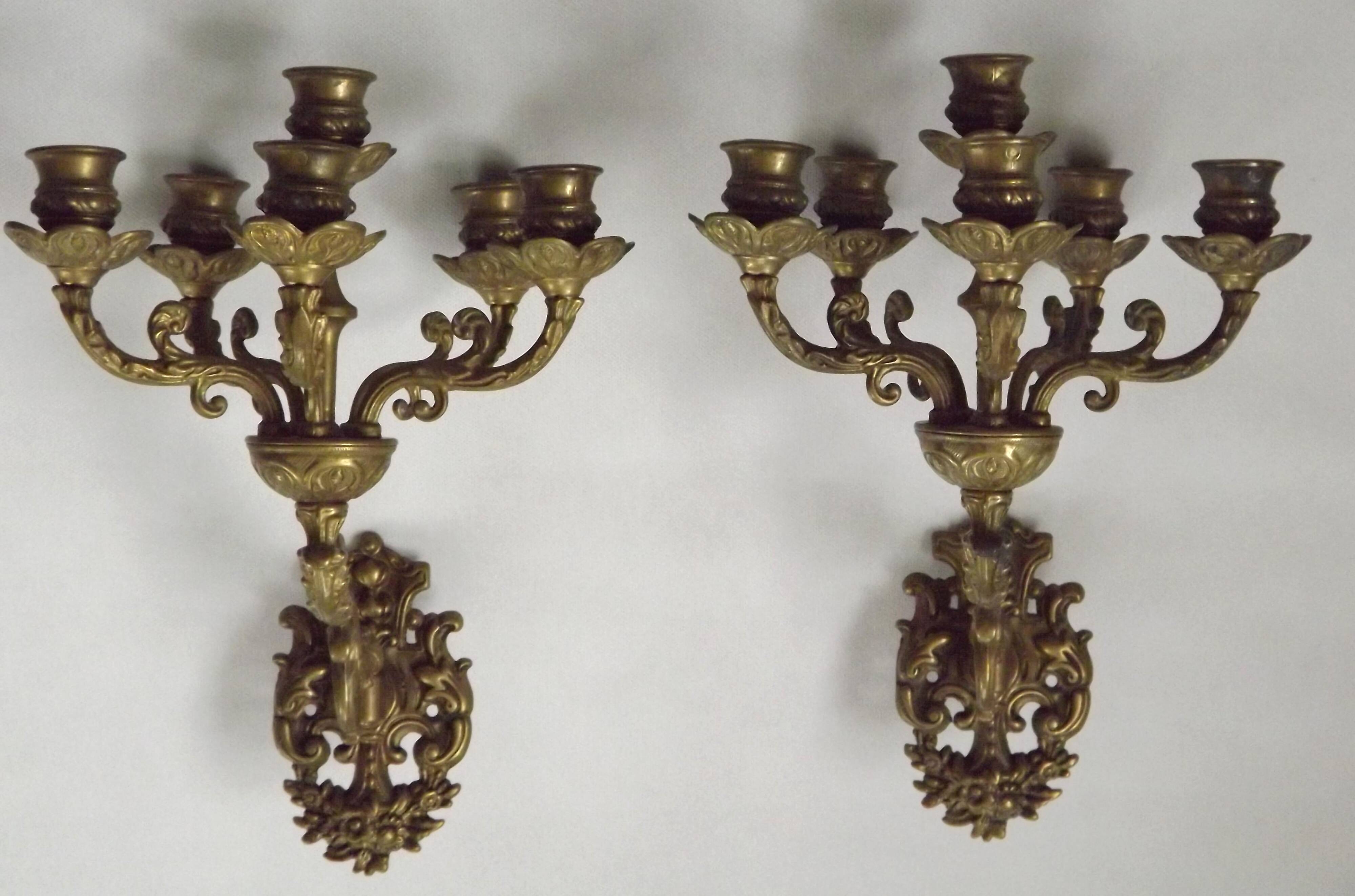 Pair Early 20th Century Rococo Revival Brass 5 Light Candle Wall Sconces