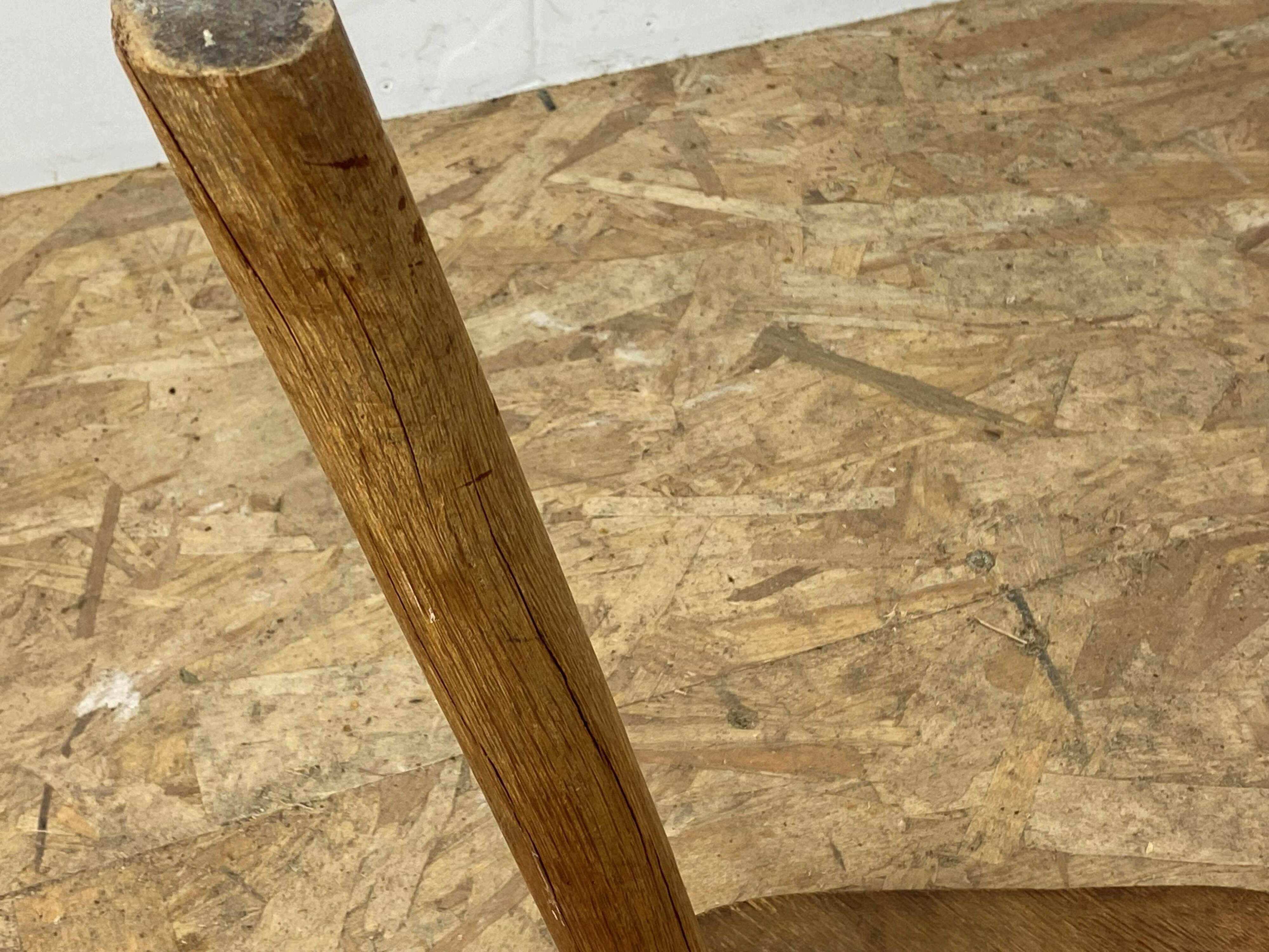 Set of 6 brutalist solid oak tripod farm stools from the 1950s