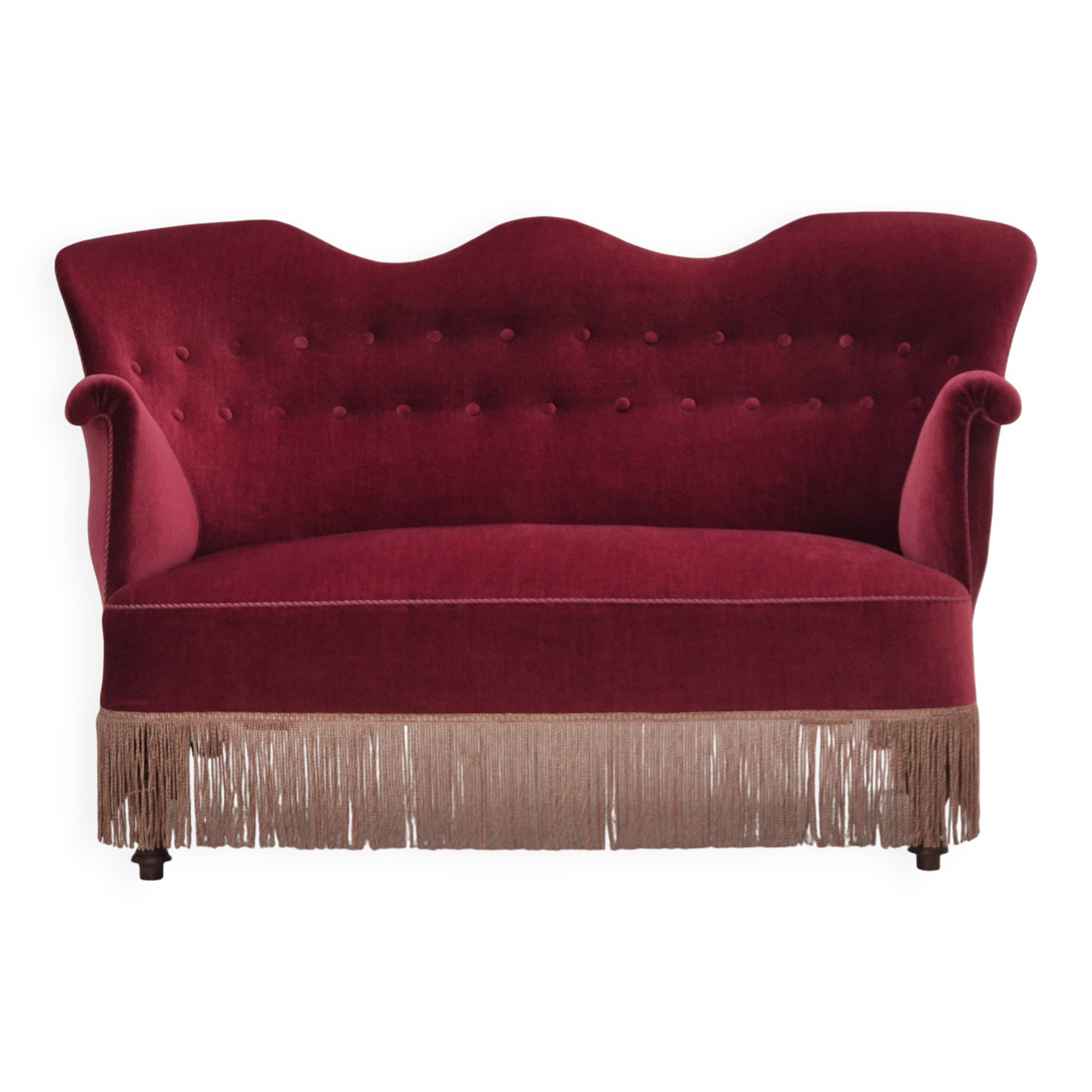 1950s, Danish 2-seater sofa, cherry-red furniture velour, ash wood.