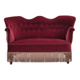 1950s, Danish 2-seater sofa, cherry-red furniture velour, ash wood.