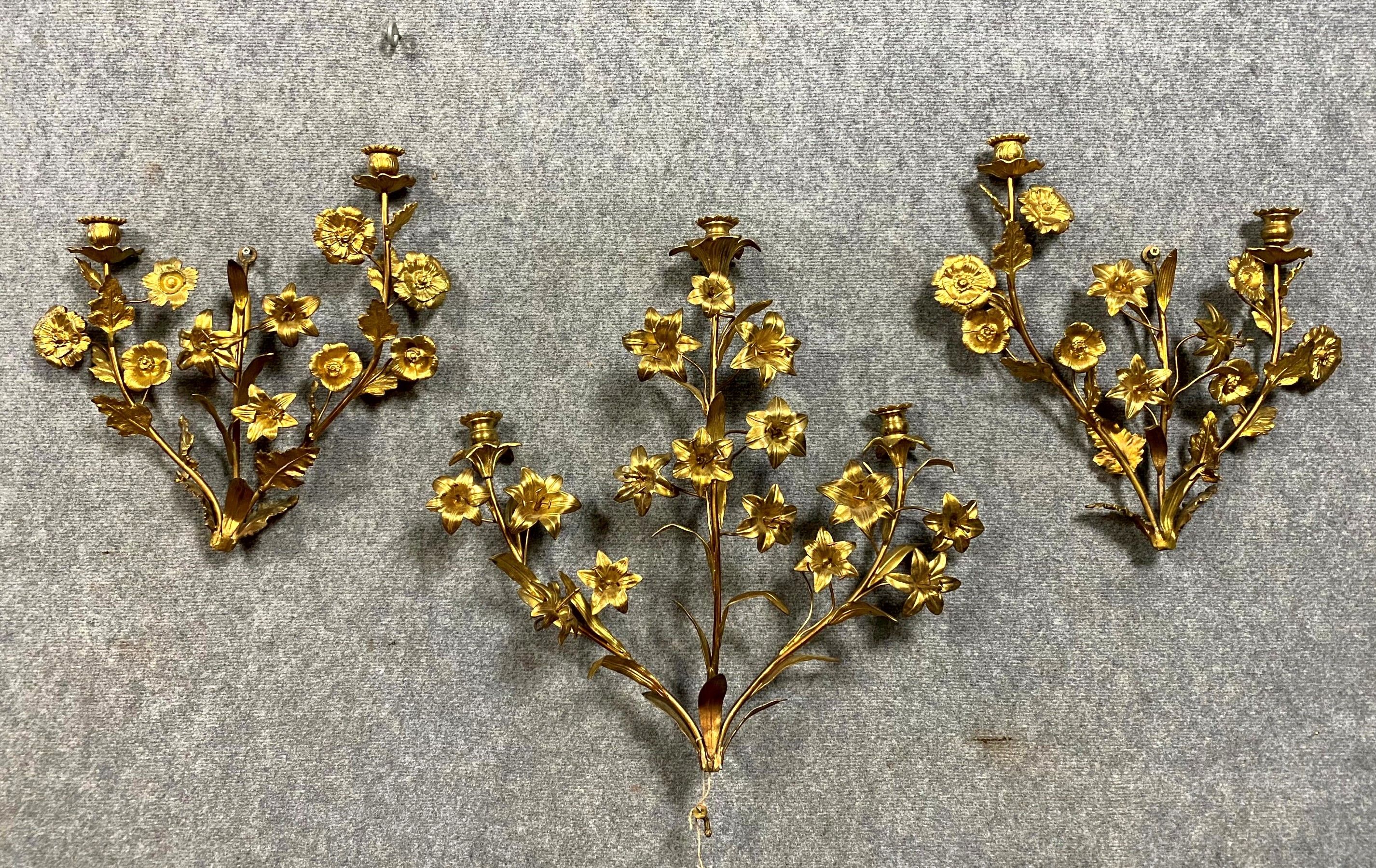 Triptych of gilded bronze sconces decorated with flowers Napoleon III period
