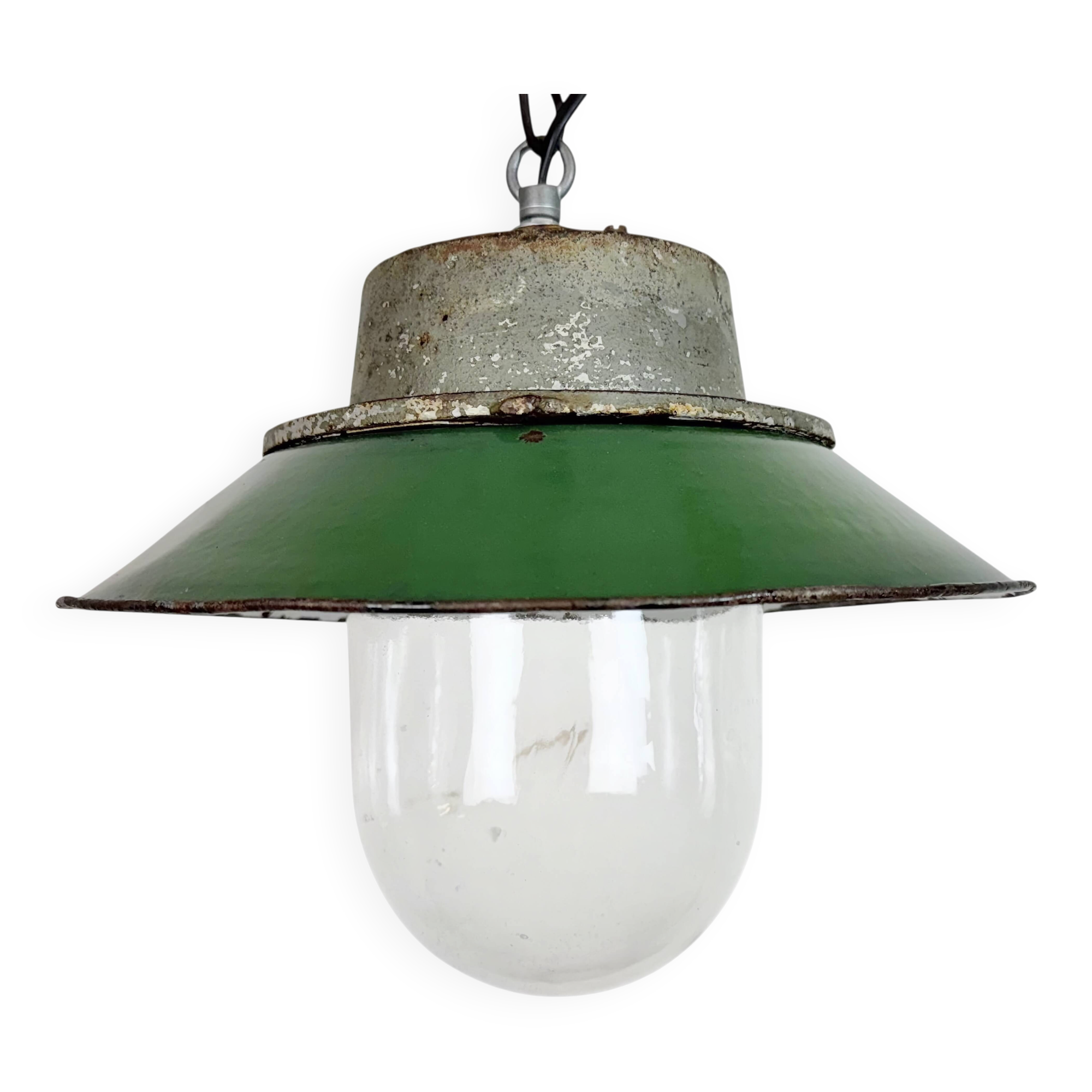 Green Enamel and Cast Iron Industrial Pendant Light, 1960s