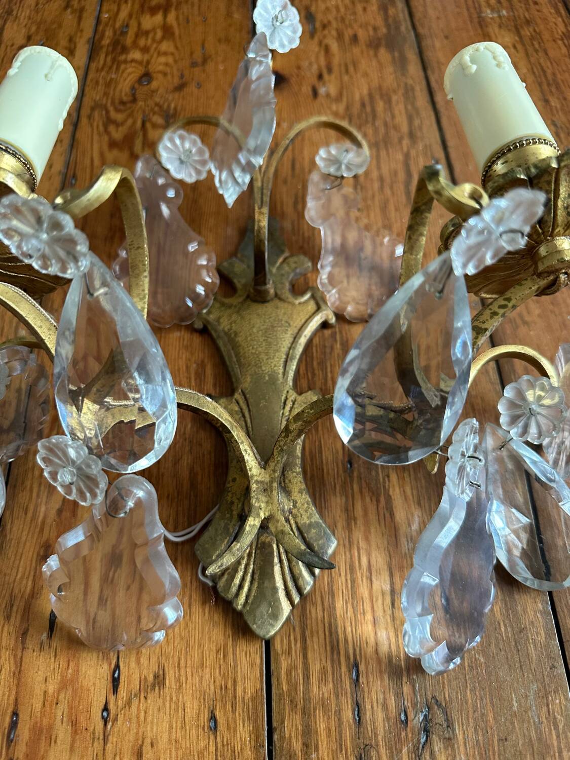 2 vintage bronze wall lights with pendants