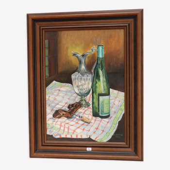 Nature morte au vin-huile sur toile signée