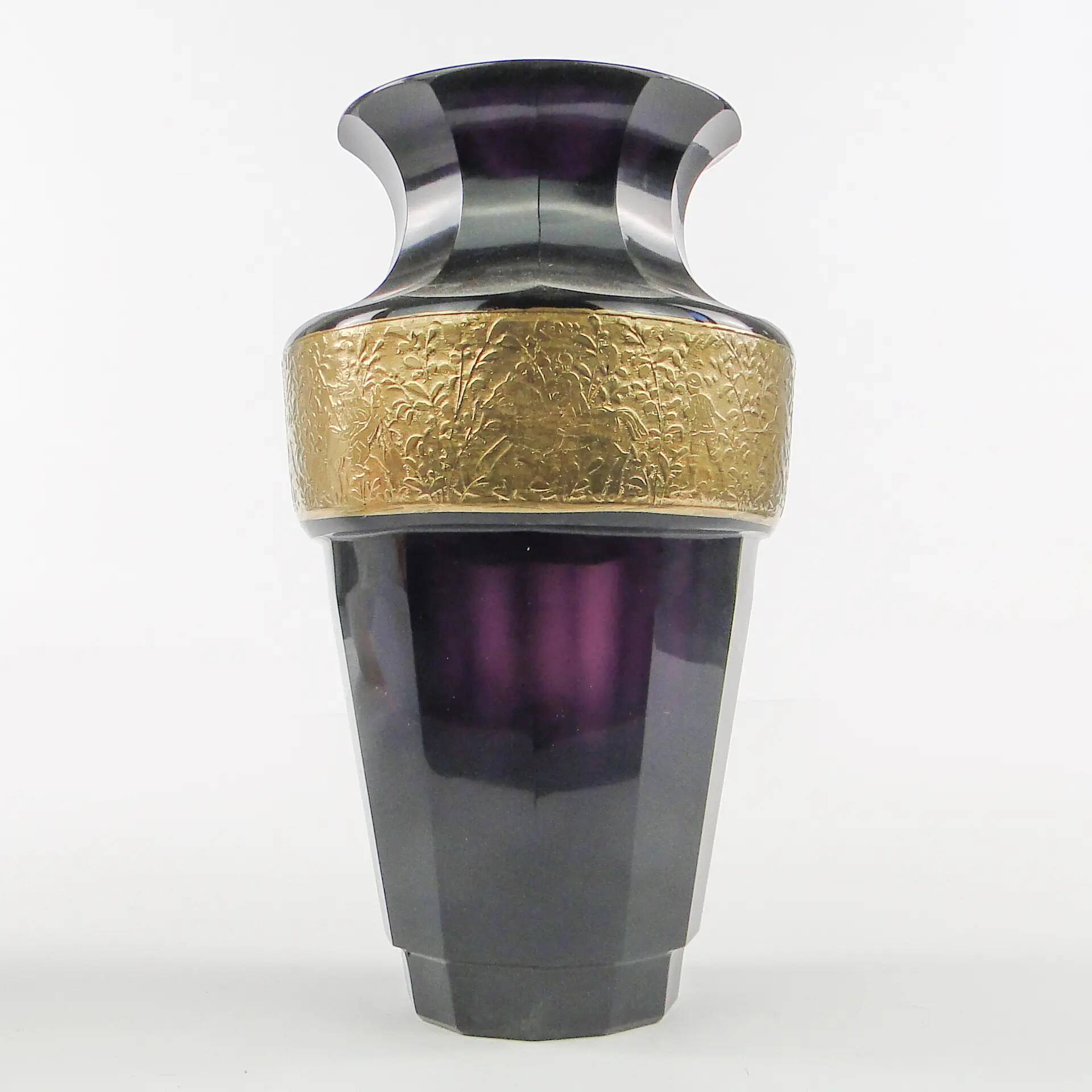 Art Deco vase, manganese glass, oroplastic, Czechoslovakia, 1930s