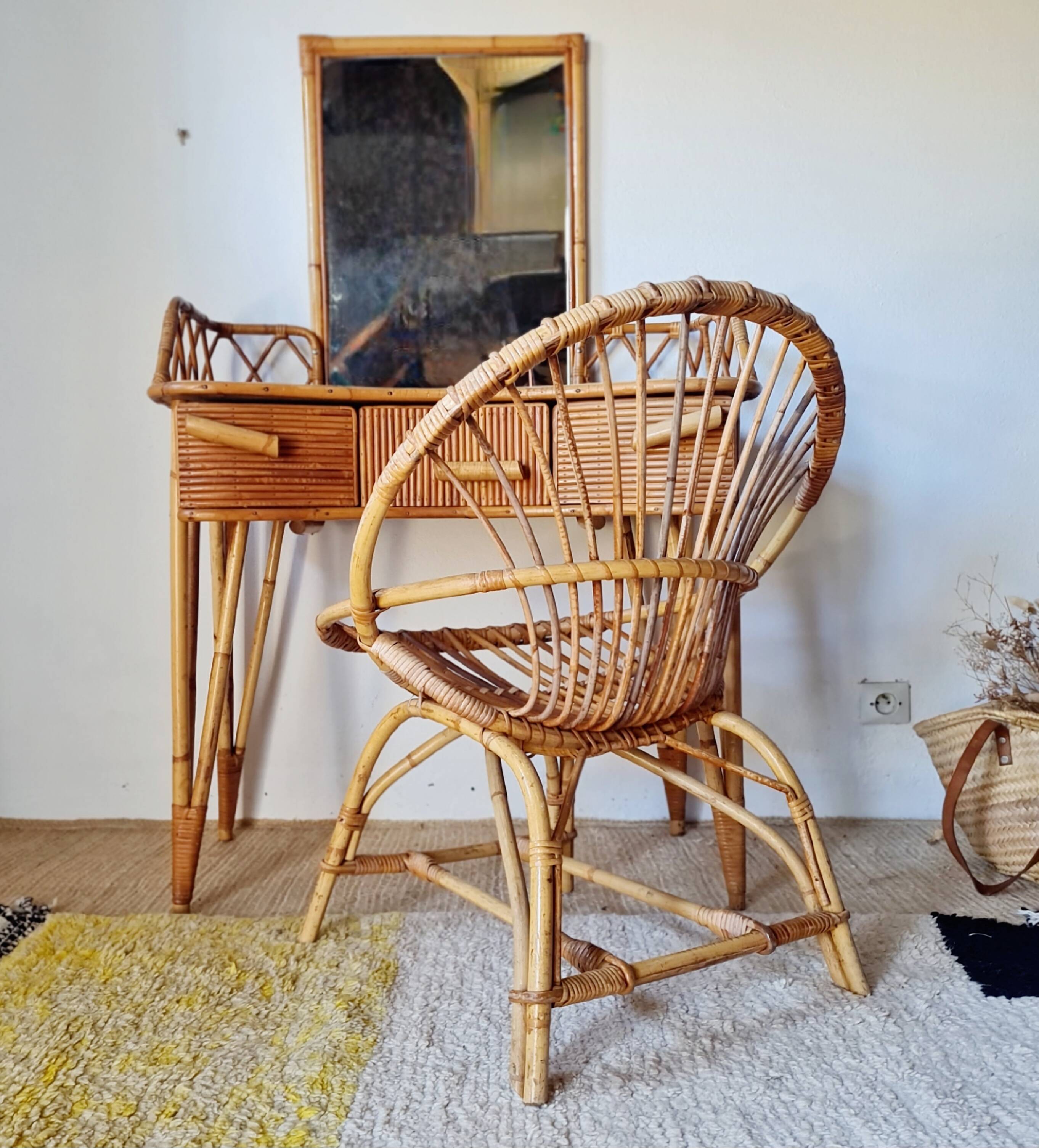 Vintage Rattan and Bamboo Hairdresser with Mirror – 1960s