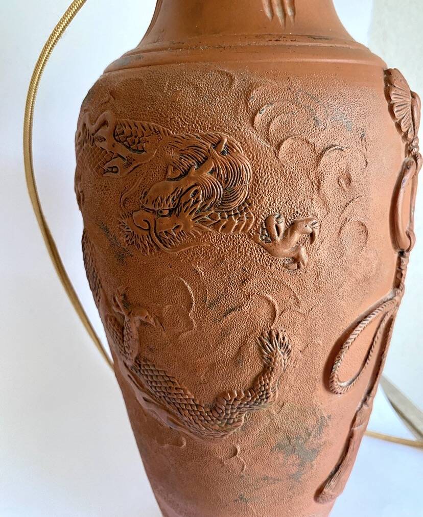 Terracotta lamp, new fabric cable, cotton lampshade.