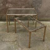 Pair of nesting coffee tables in gold metal with bamboo effect