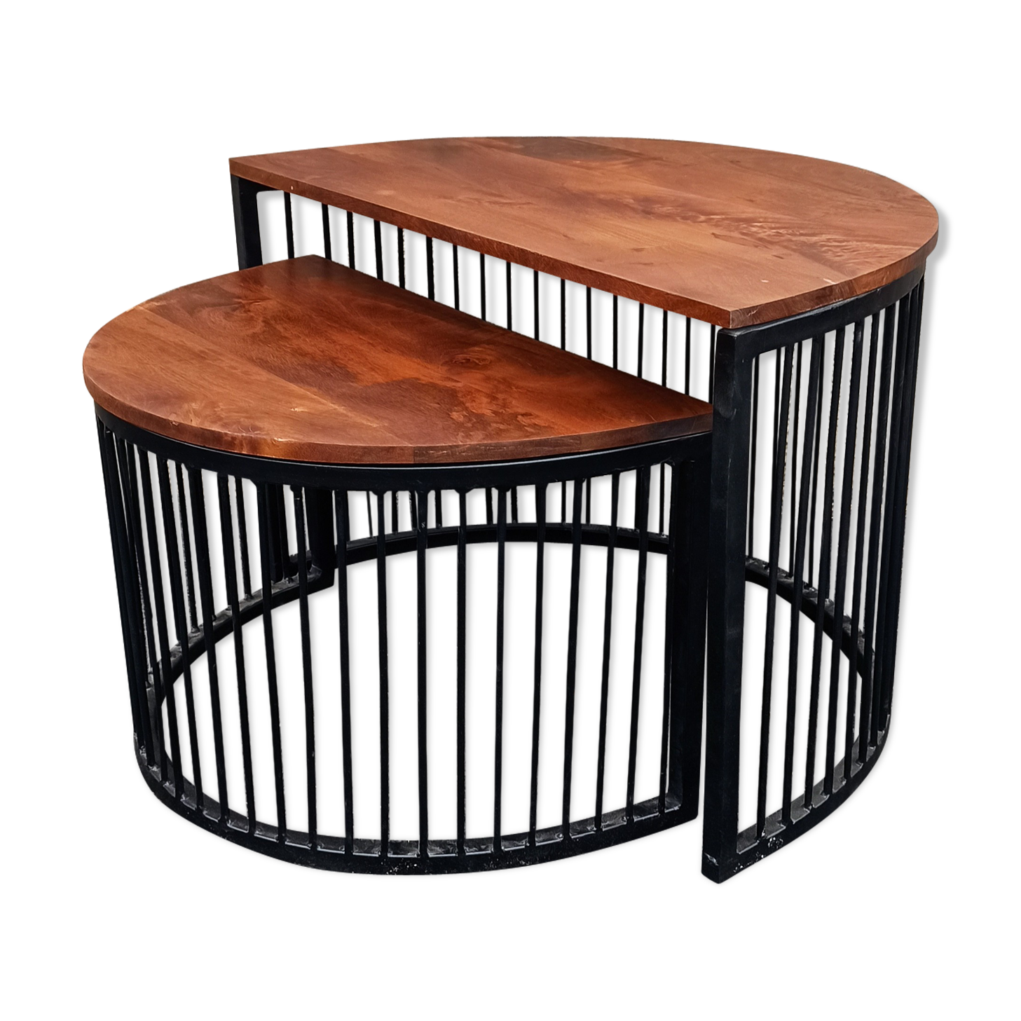 Half-circle wooden tables, metal feet