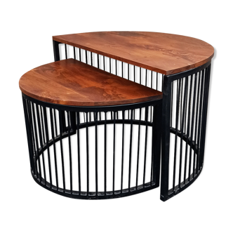 Half-circle wooden tables, metal feet