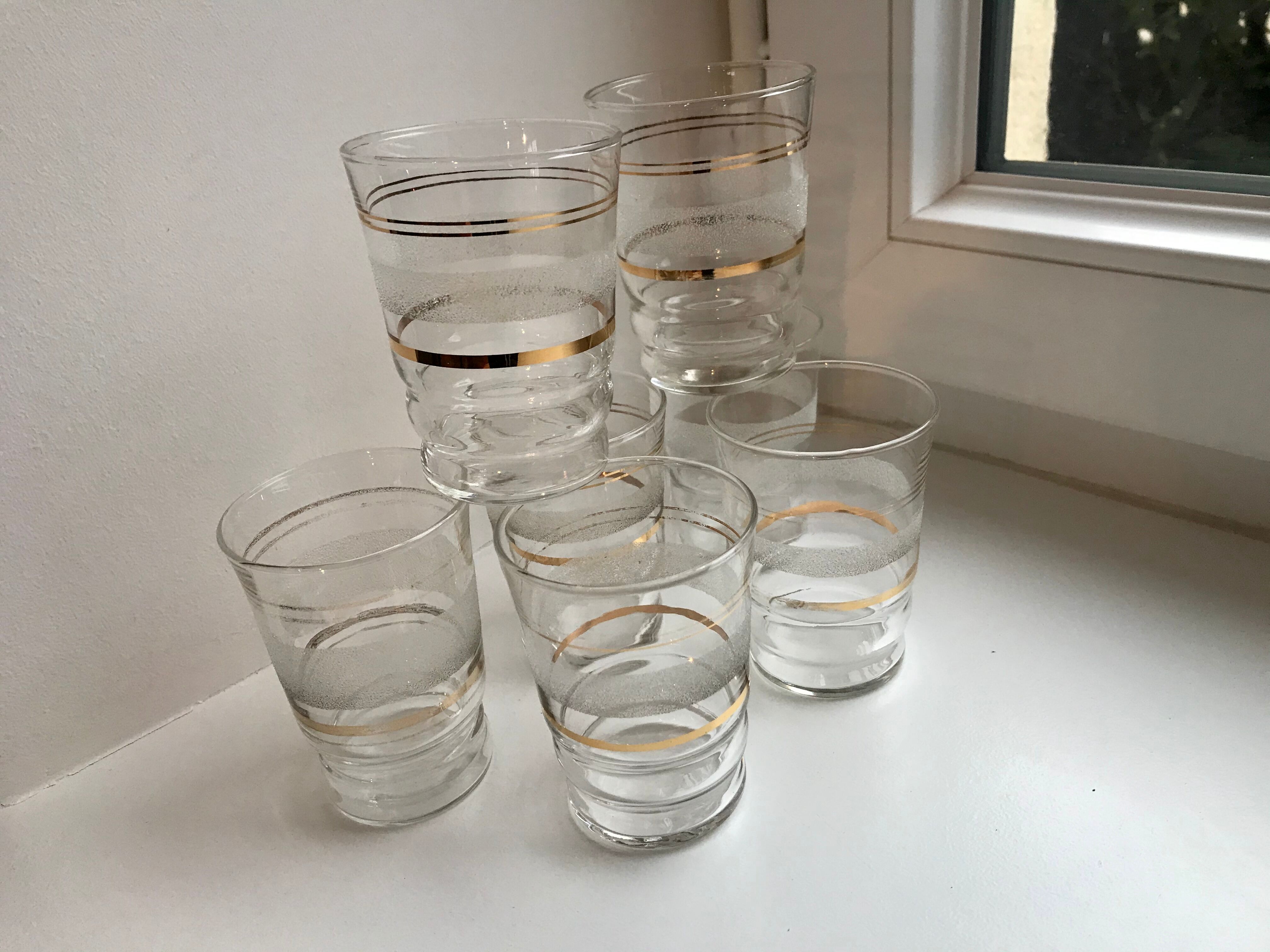 Set of 7 granite water glasses with golden edging 50s-60s