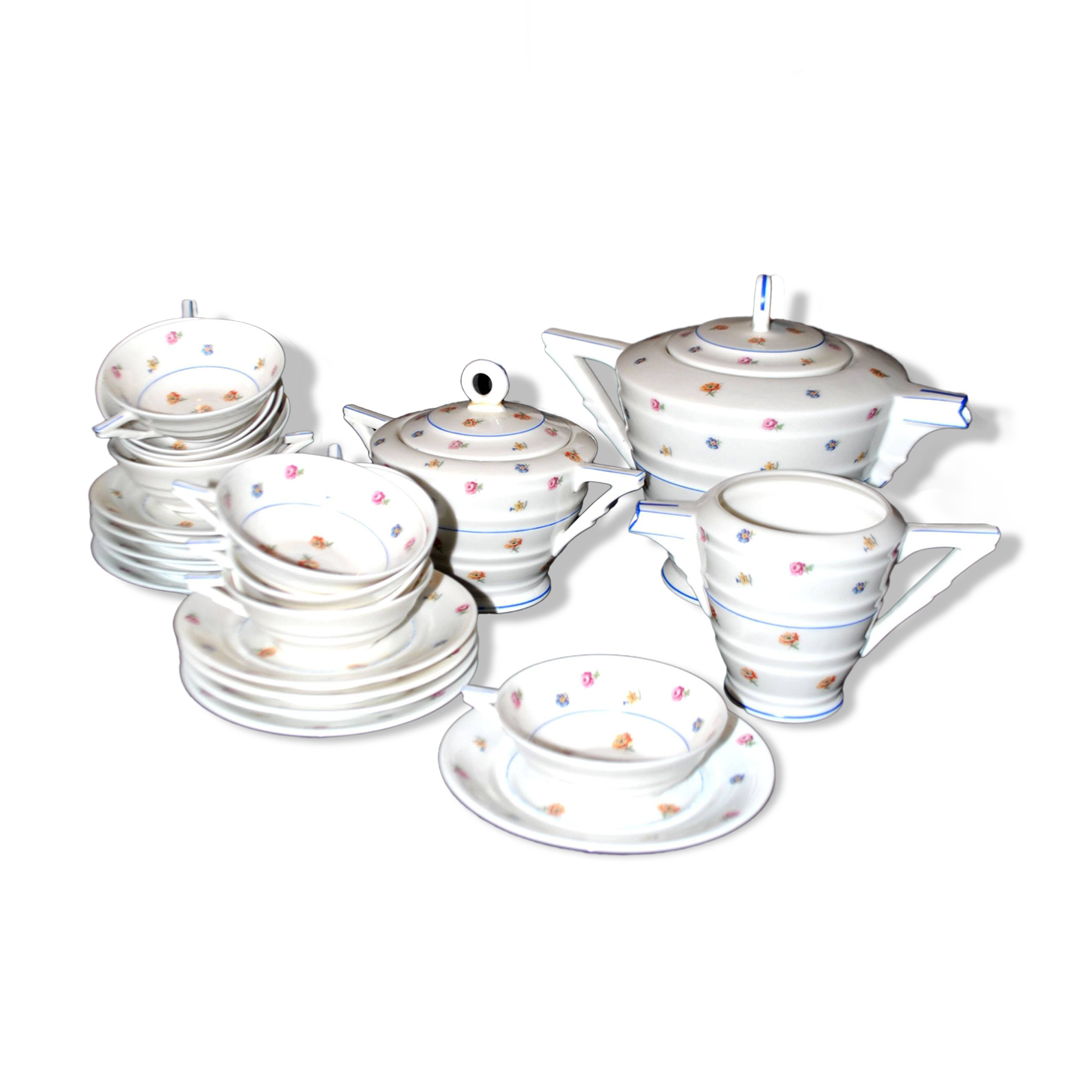 Service à thé Art Déco théière, 10 tasses en porcelaine de Limoges Chapus fils, 1930