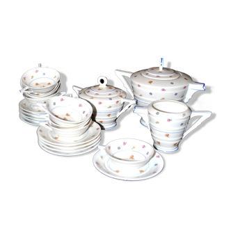 ART DECO Tea Service Teapot + 10 cups in Limoges porcelain CHAPUS fils 1930