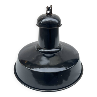 Industrial pendant light in black and white enamelled sheet metal factory bowl
