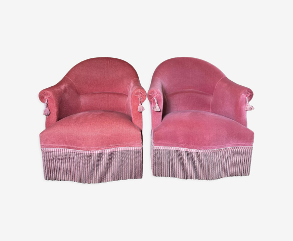 Paire de fauteuils crapauds de style Napoléon III velours rose