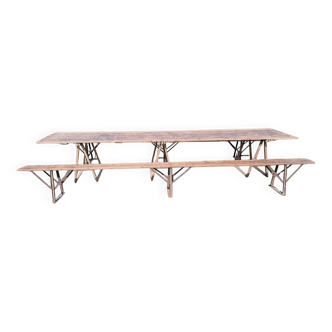 Grande table de moisson 400 cm et 2 bancs 1960